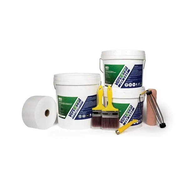 VersEseal Large Caravan Kit contents including Rapid Build, Top Coat, geofabric, brushes, and rollers – covers up to 15 sqm