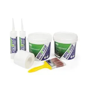 VersEseal Medium Box Gutter Kit contents including Rapid Build, geofabric, brushes, and rubber caulk – covers up to 8 sqm