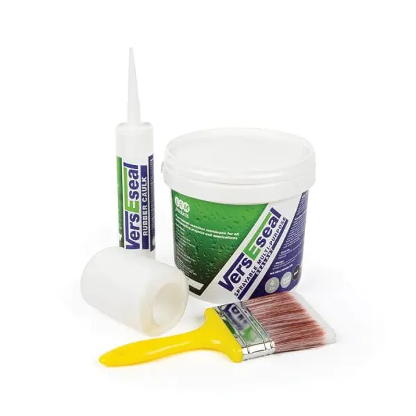 VersEseal Small Box Gutter Kit contents including Rapid Build, geofabric, brush, and rubber caulk – covers up to 4 sqm