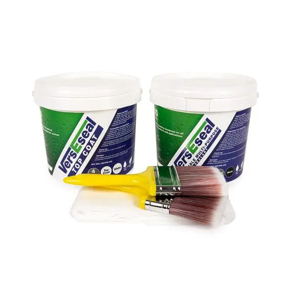 VersEseal Small Caravan Kit contents including Rapid Build, Top Coat, geofabric, brushes, – covers up to 4 sqm