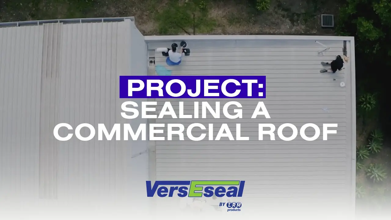 Thumbnail for video ‘Project: Sealing a Commercial Roof’ showing VersEseal waterproofing applied to a large roof surface.