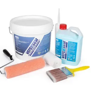 VersEseal Under Tile Waterproofing Kit including IWP 100 membrane, primer, silicone, roller, brush, and geofabric.