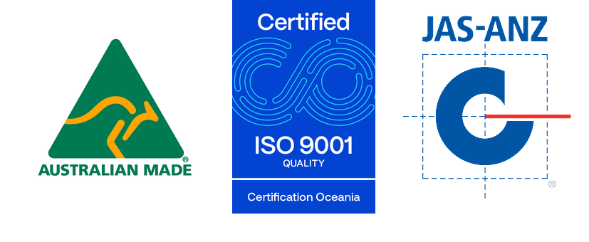 Australian Made logo and ISO 9001 Quality Certification logos for VersEseal products.